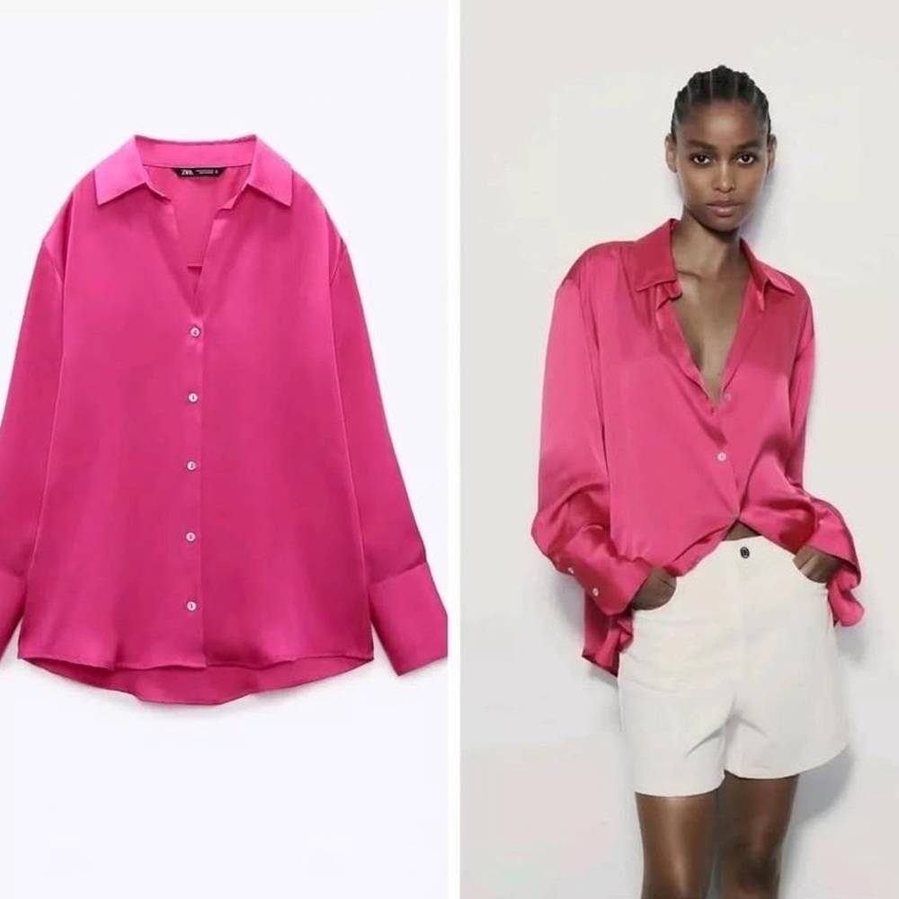 Zara Fuchsia Satin Effects Button Down Shirt - XL